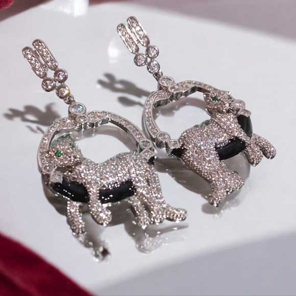 Luxury Lounging Panther Panthere Rhodium Pave Crystal Earrings - Picture 2 of 6